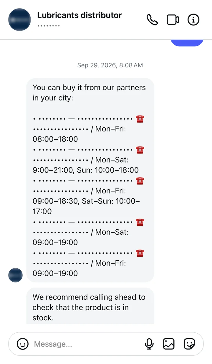 Instagram conversation: list of partner stores with opening hours, names and addresses hidden