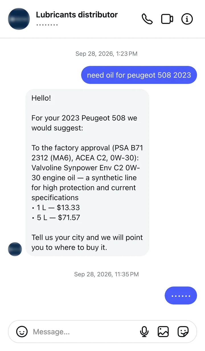 Instagram conversation: question about oil for a 2023 Peugeot 508 and the consultant’s reply
