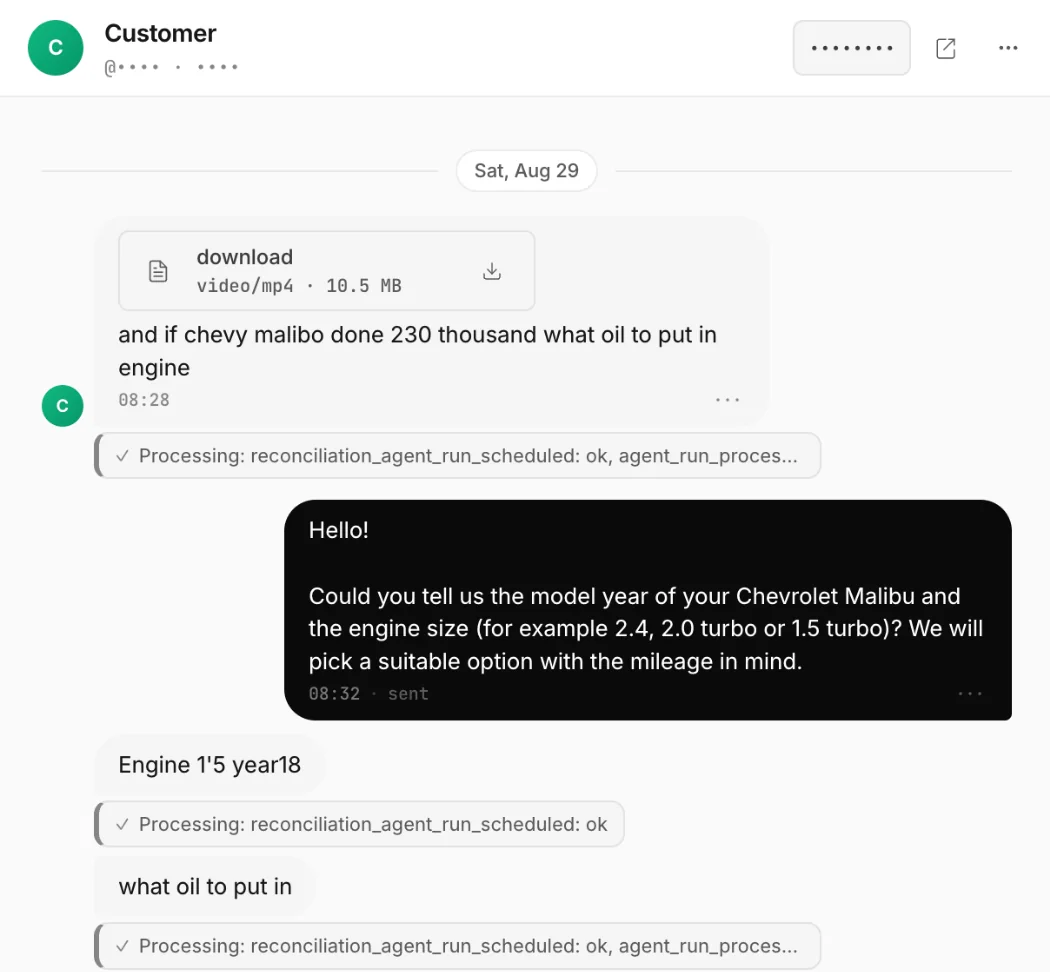 Admin panel conversation: the consultant asks a customer for the year and engine size of a Chevrolet Malibu