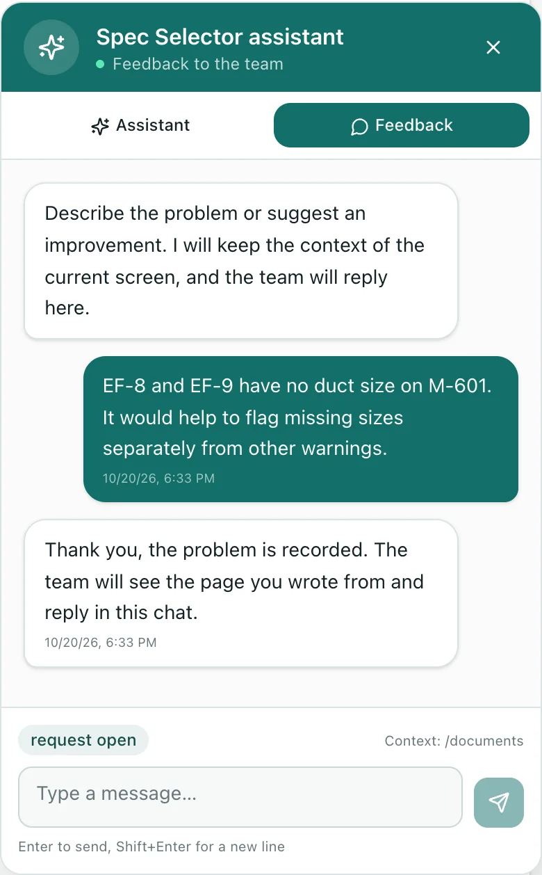 An engineer’s feedback with the screen context saved.