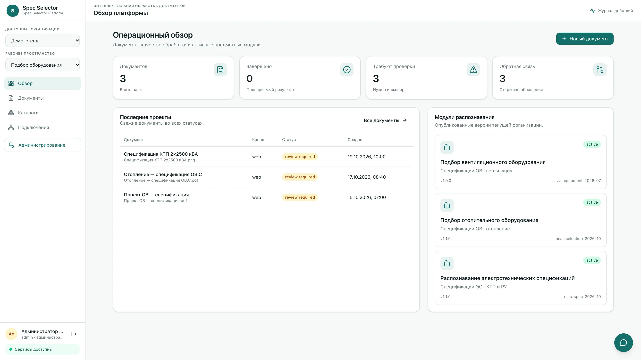 Операционный обзор организации стенда: документы, статусы, модули.