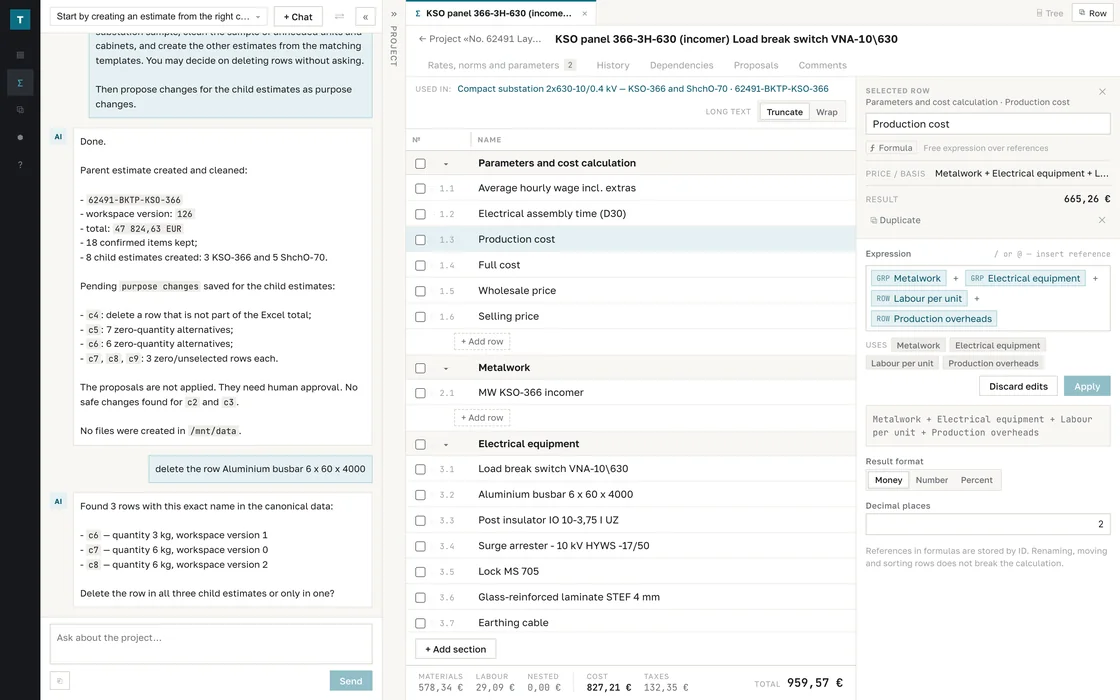 Working screen: assistant chat, estimate, and row inspector