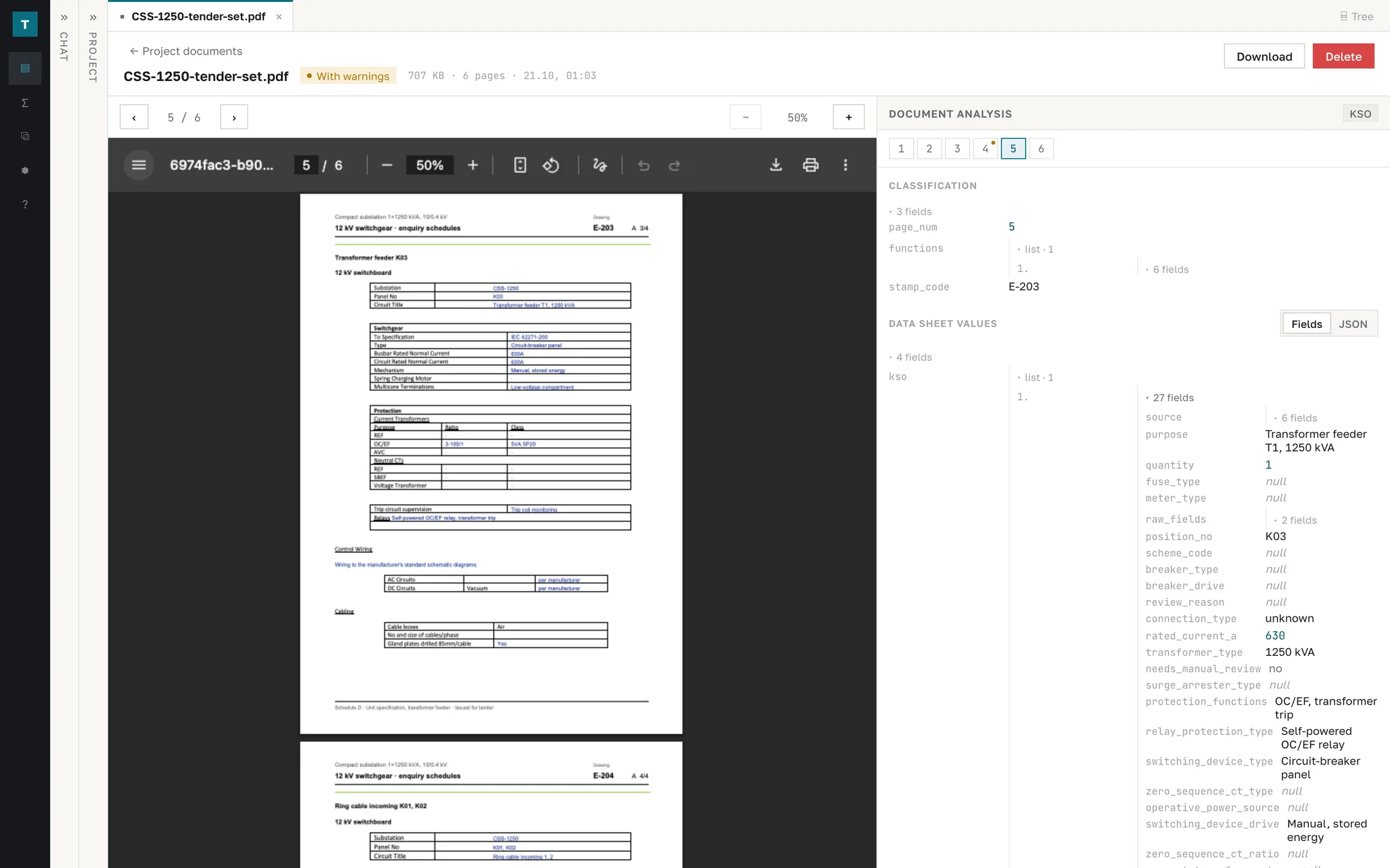 Project file open on sheet E-203, unit specification and extracted fields
