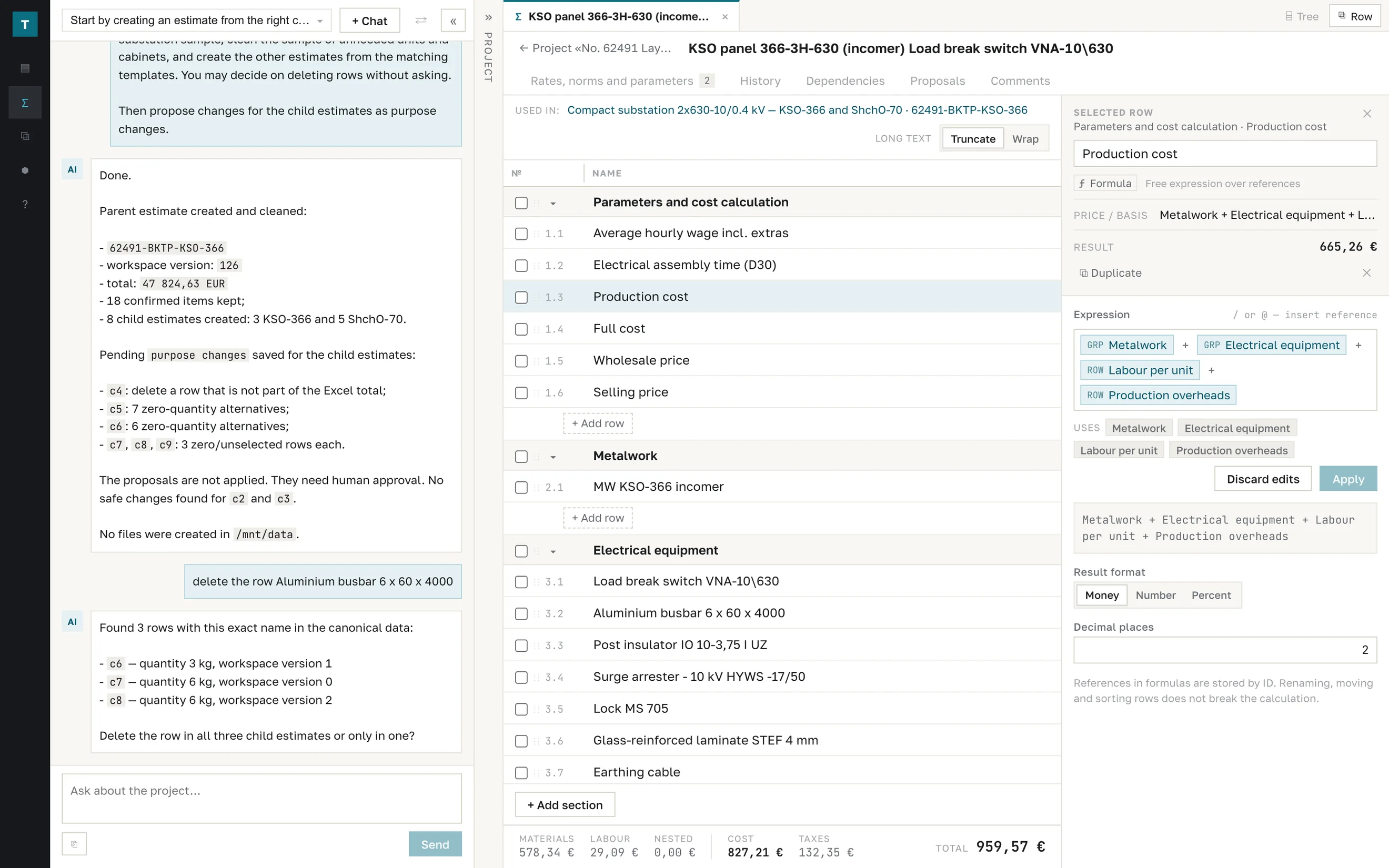 Working screen: assistant chat, estimate, and row inspector