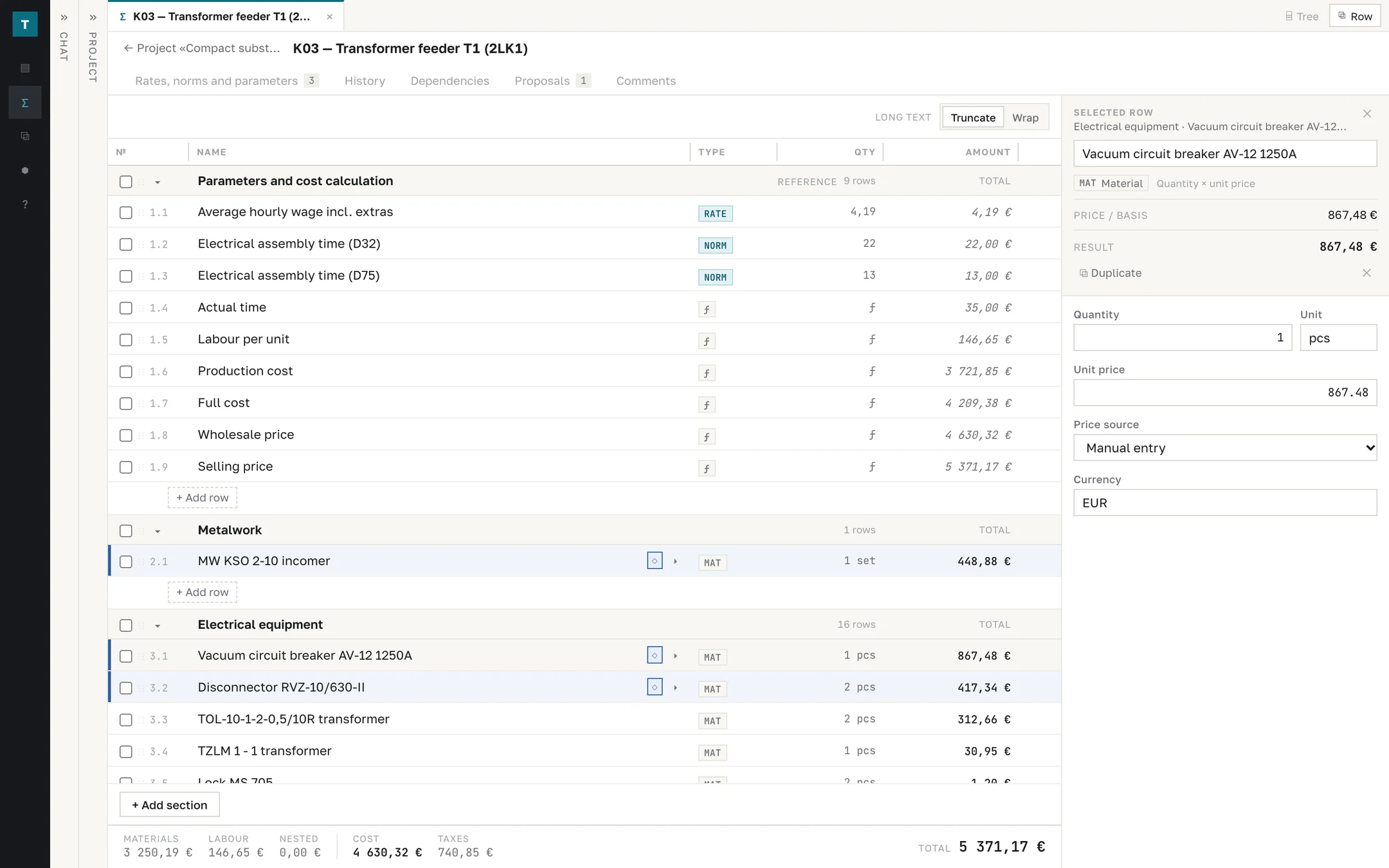 Estimate for panel K03 with the row inspector