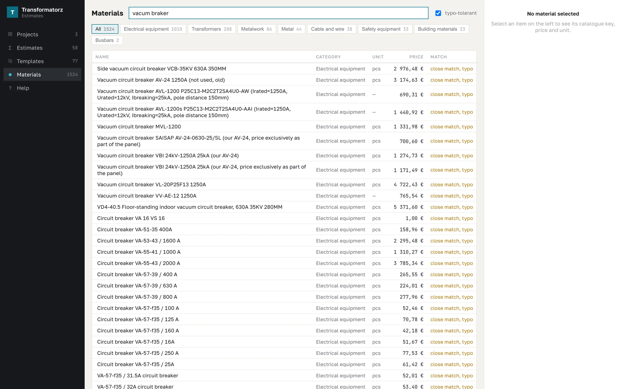 Materials catalog: typo-tolerant search