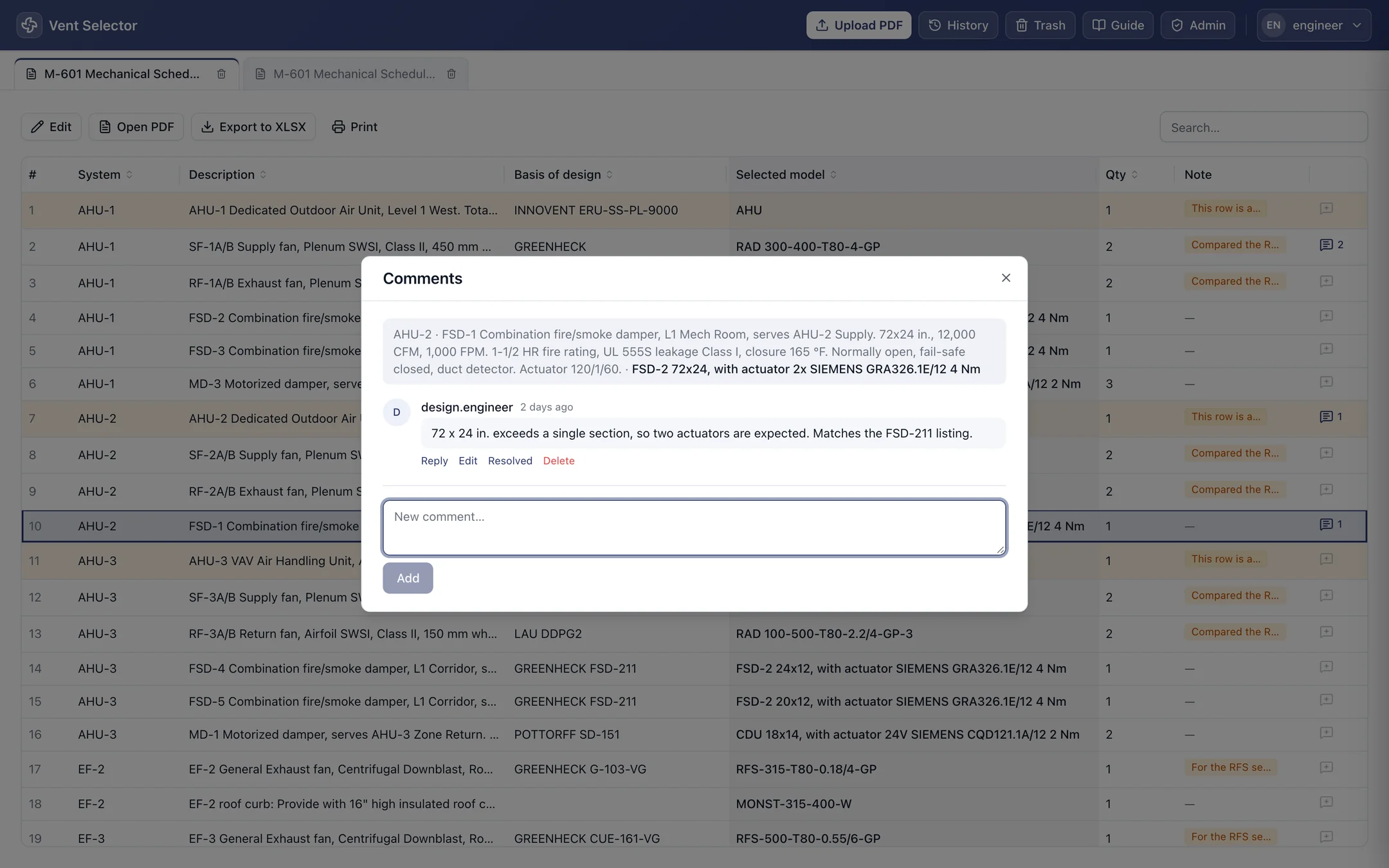 Comments dialog