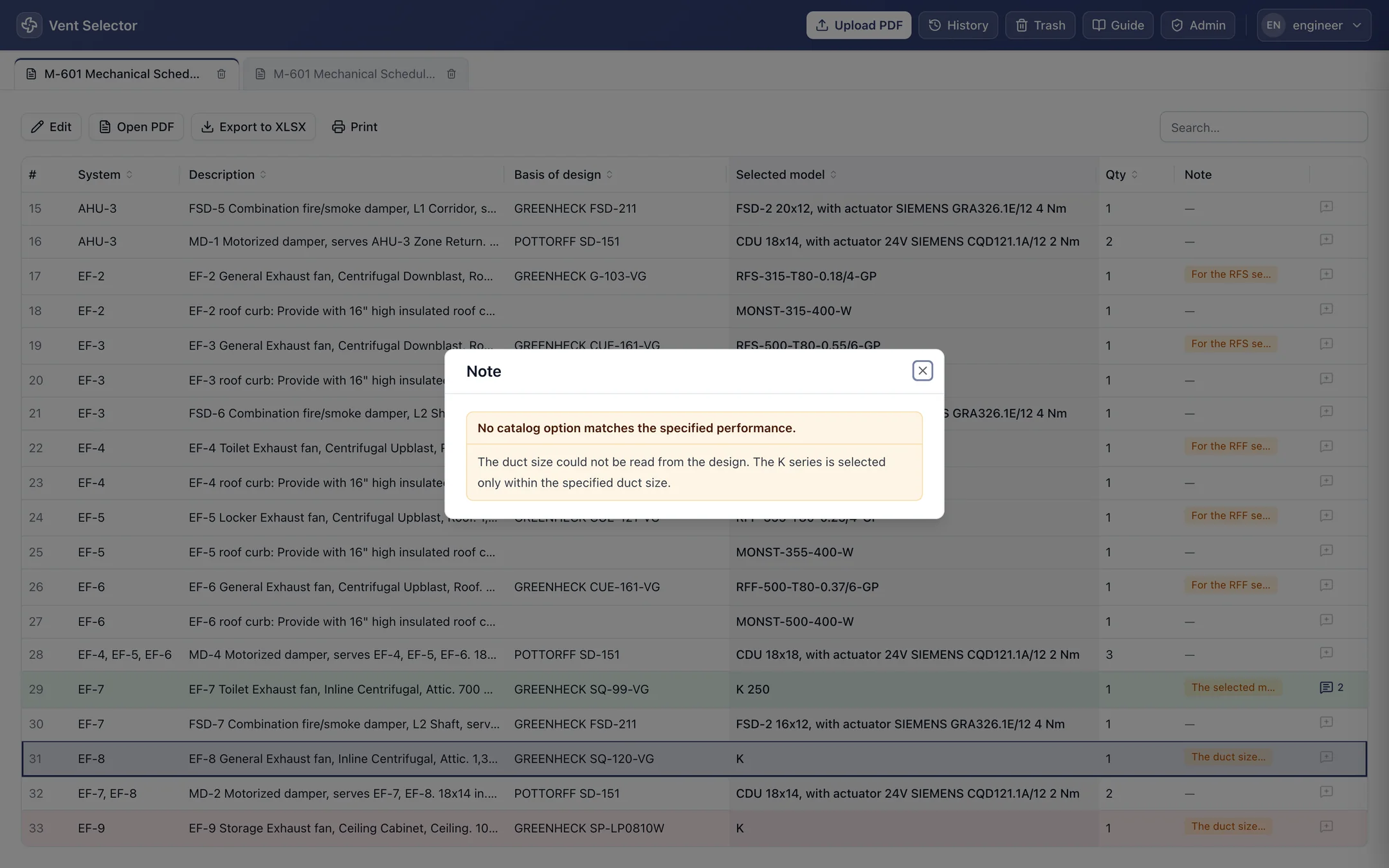 Warning note dialog