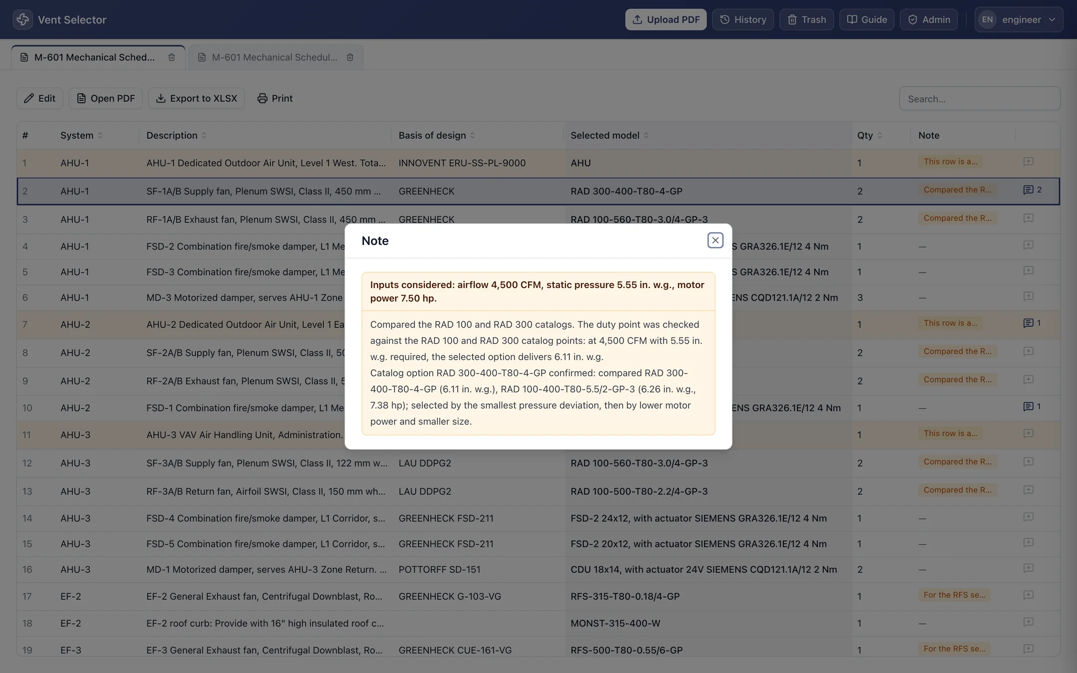 Row note dialog